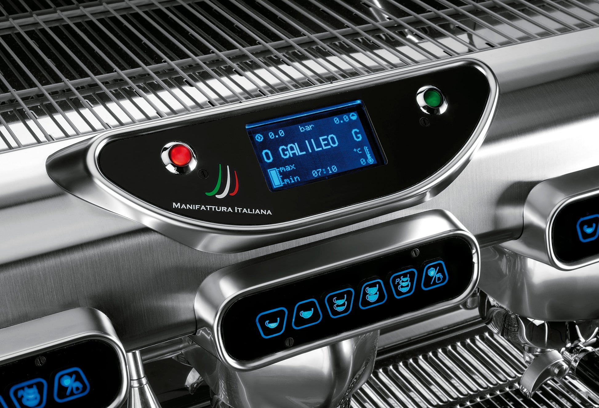 Close-up of BFC Galileo group heads – Italian coffee machine for cafés