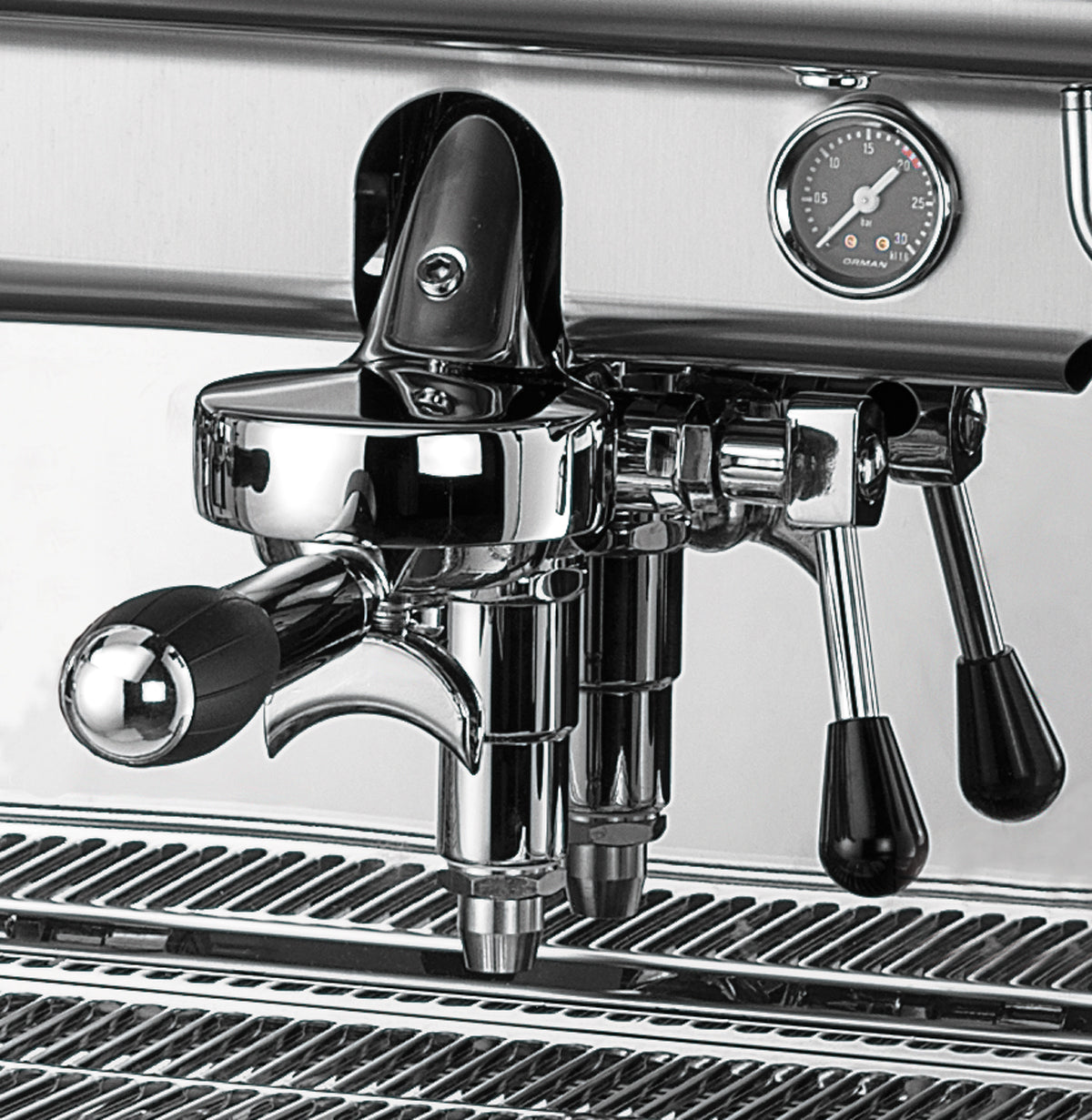 Close-up of BFC Galileo group heads – Italian coffee machine for cafés