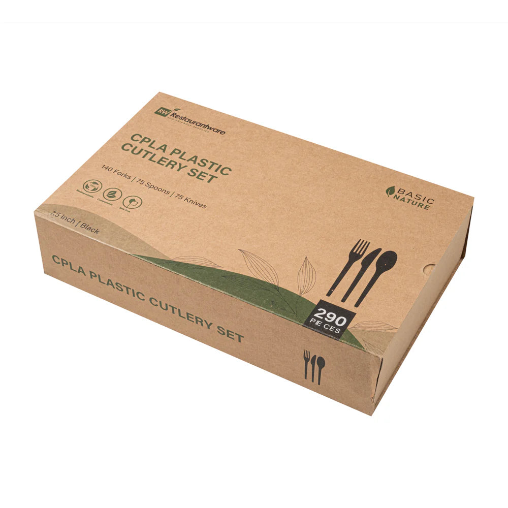 Black Compostable CPLA Cutlery Set – 7.5 in, 290 Pieces per Box