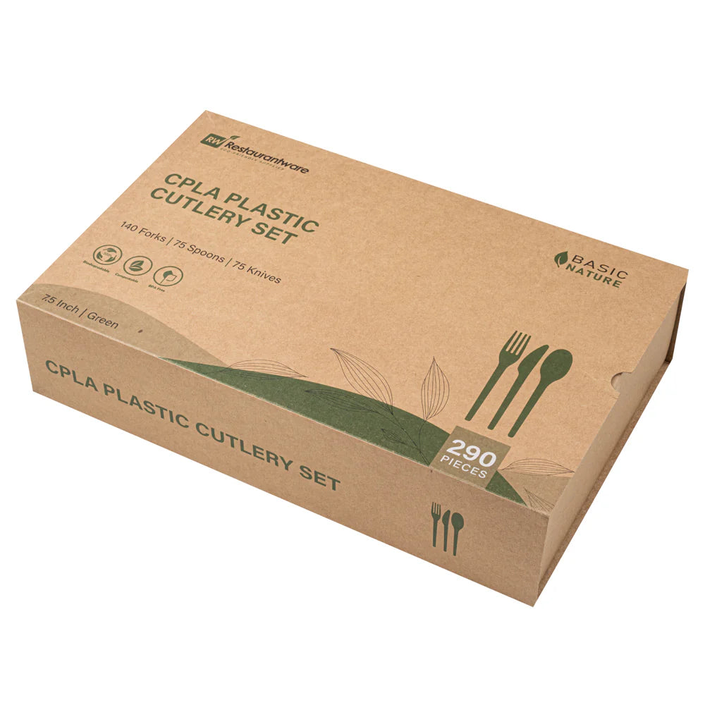 Green Compostable CPLA Cutlery Set – 7.5 in Utensils – 290 Sets per Box