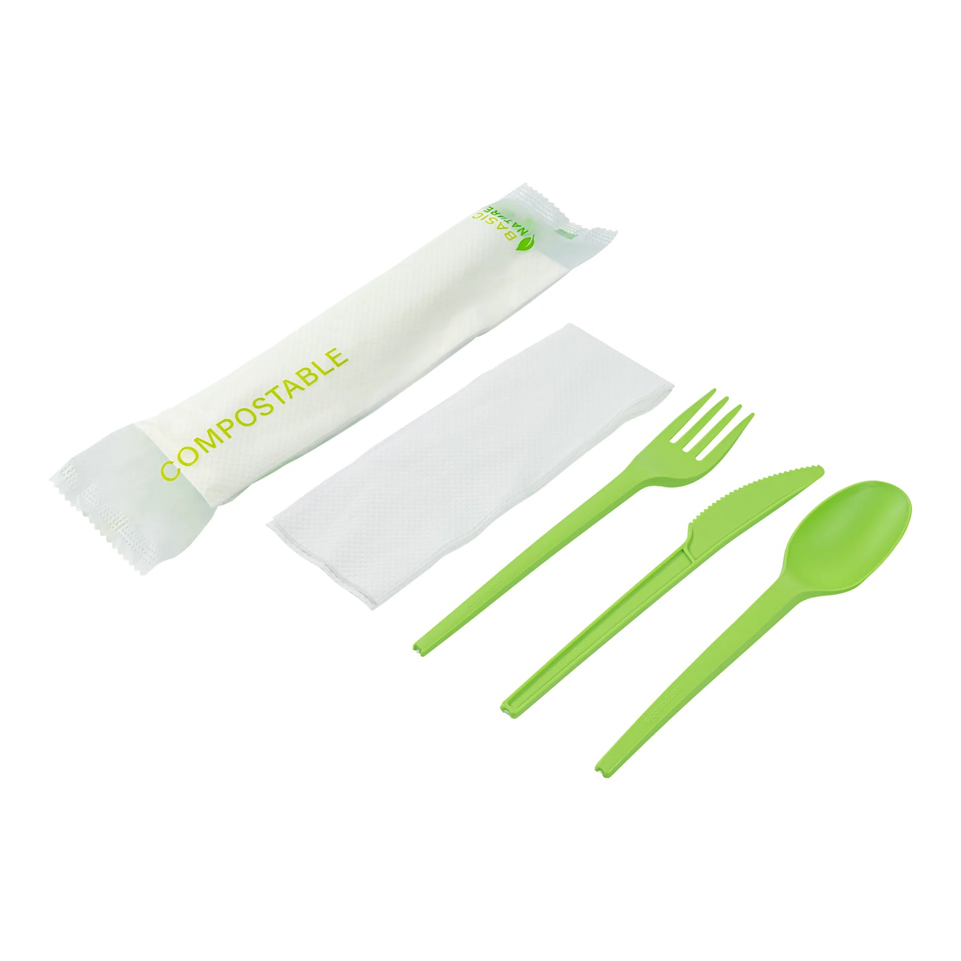 Green Compostable Cutlery Set with Napkin – 6.5 in – 100 Pieces per Box