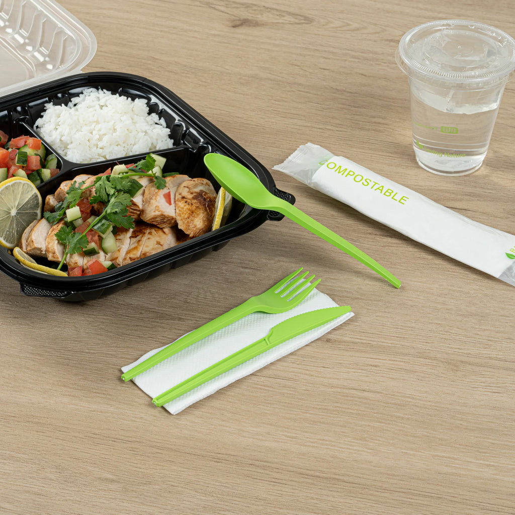Green Compostable Cutlery Set with Napkin – 6.5 in – 100 Pieces per Box