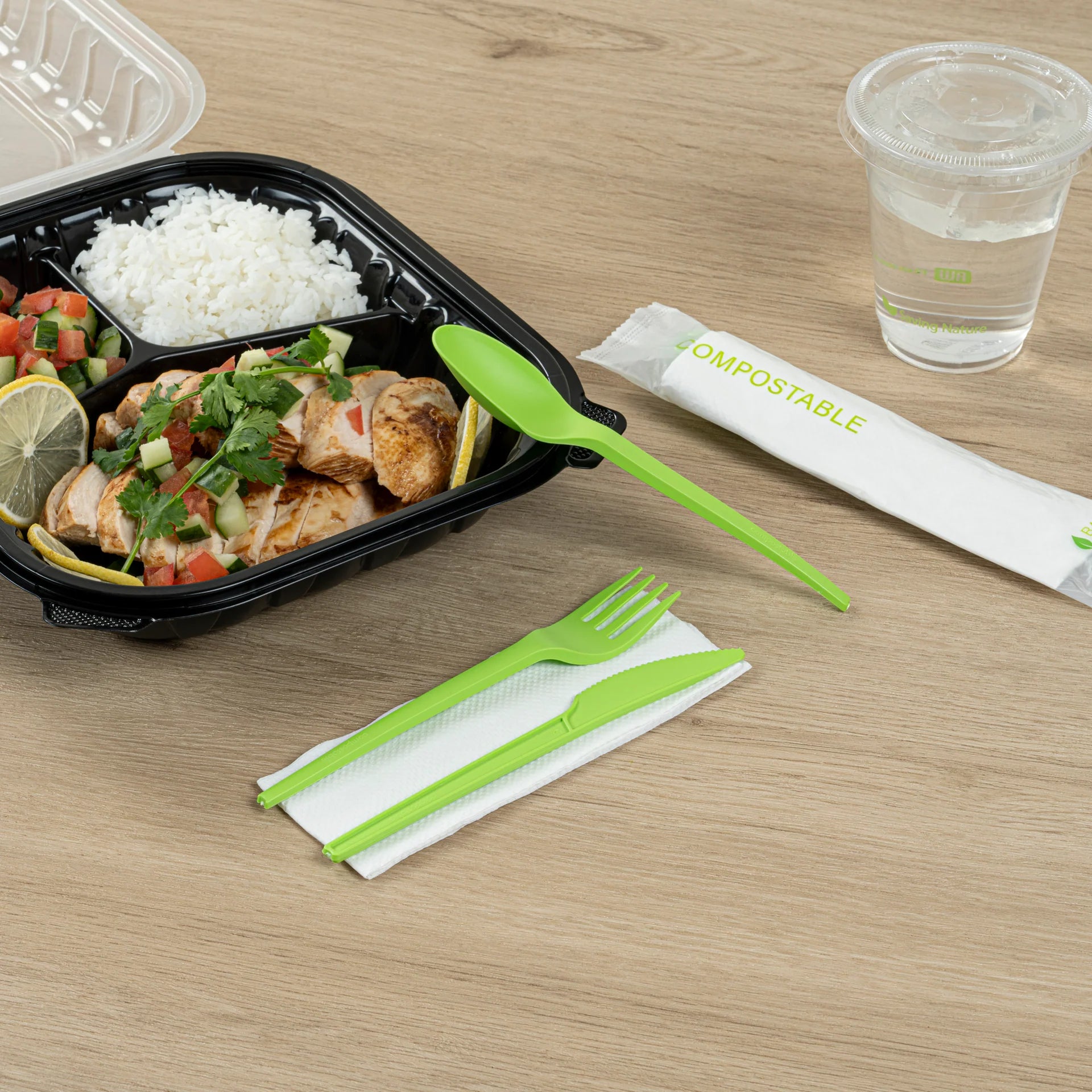 Green Compostable Cutlery Set with Napkin – 6.5 in – 100 Pieces per Box