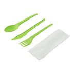 Green Compostable Cutlery Set with Napkin – 6.5 in – 100 Pieces per Box