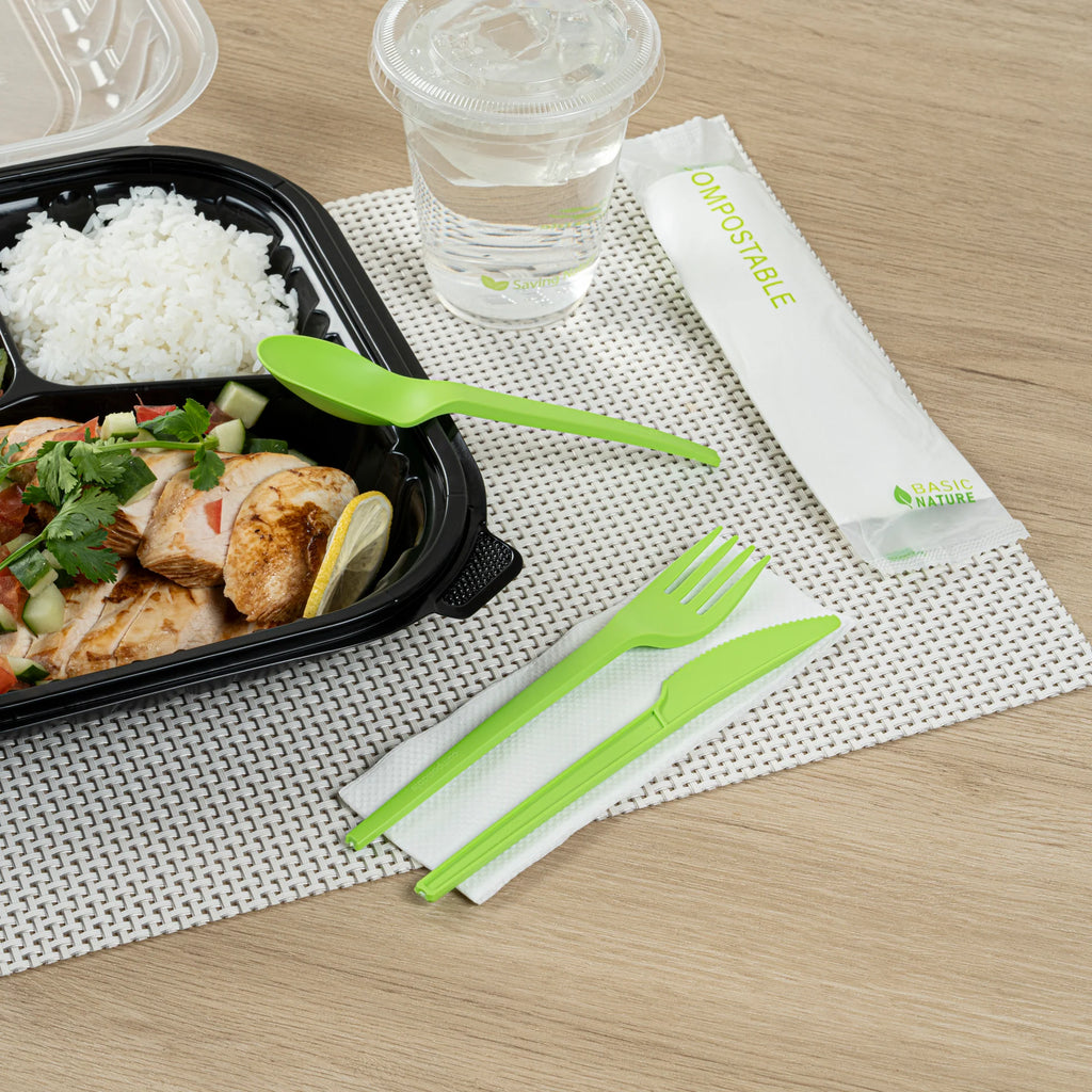 Green Compostable Cutlery Set with Napkin – 6.5 in – 100 Pieces per Box
