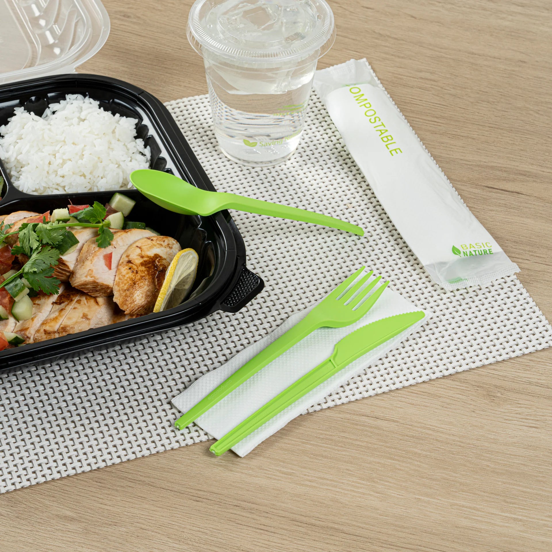 Green Compostable Cutlery Set with Napkin – 6.5 in – 100 Pieces per Box