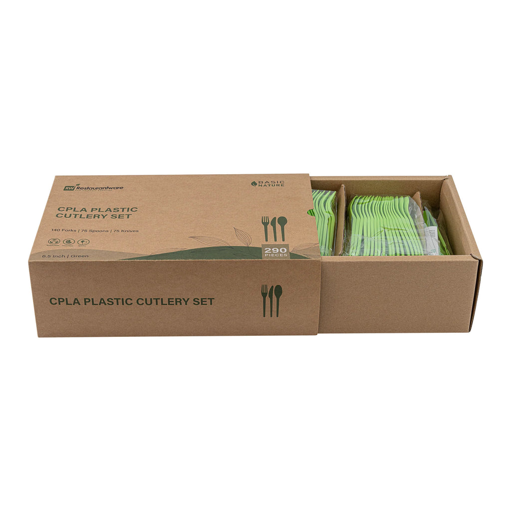 Green Compostable CPLA Cutlery Set – 6.5 in Utensils – 290 Sets per Box