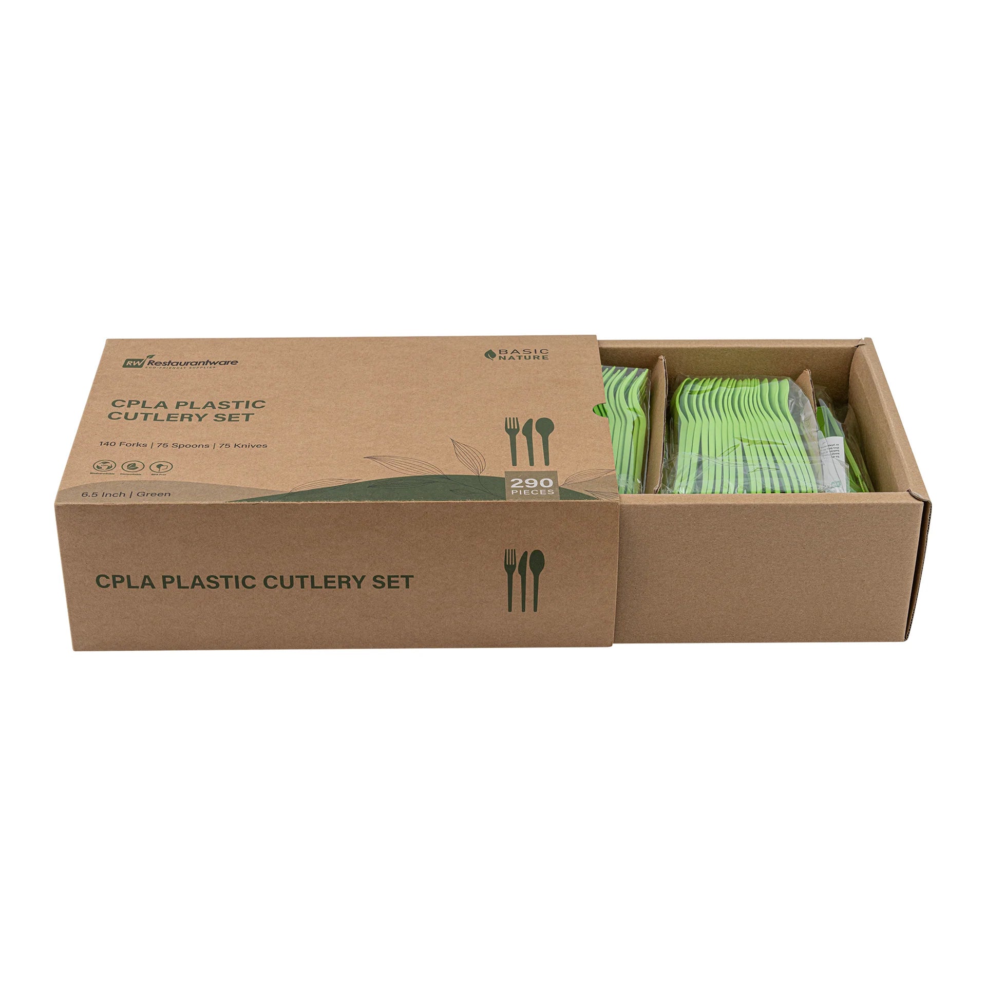 Green Compostable CPLA Cutlery Set – 6.5 in Utensils – 290 Sets per Box