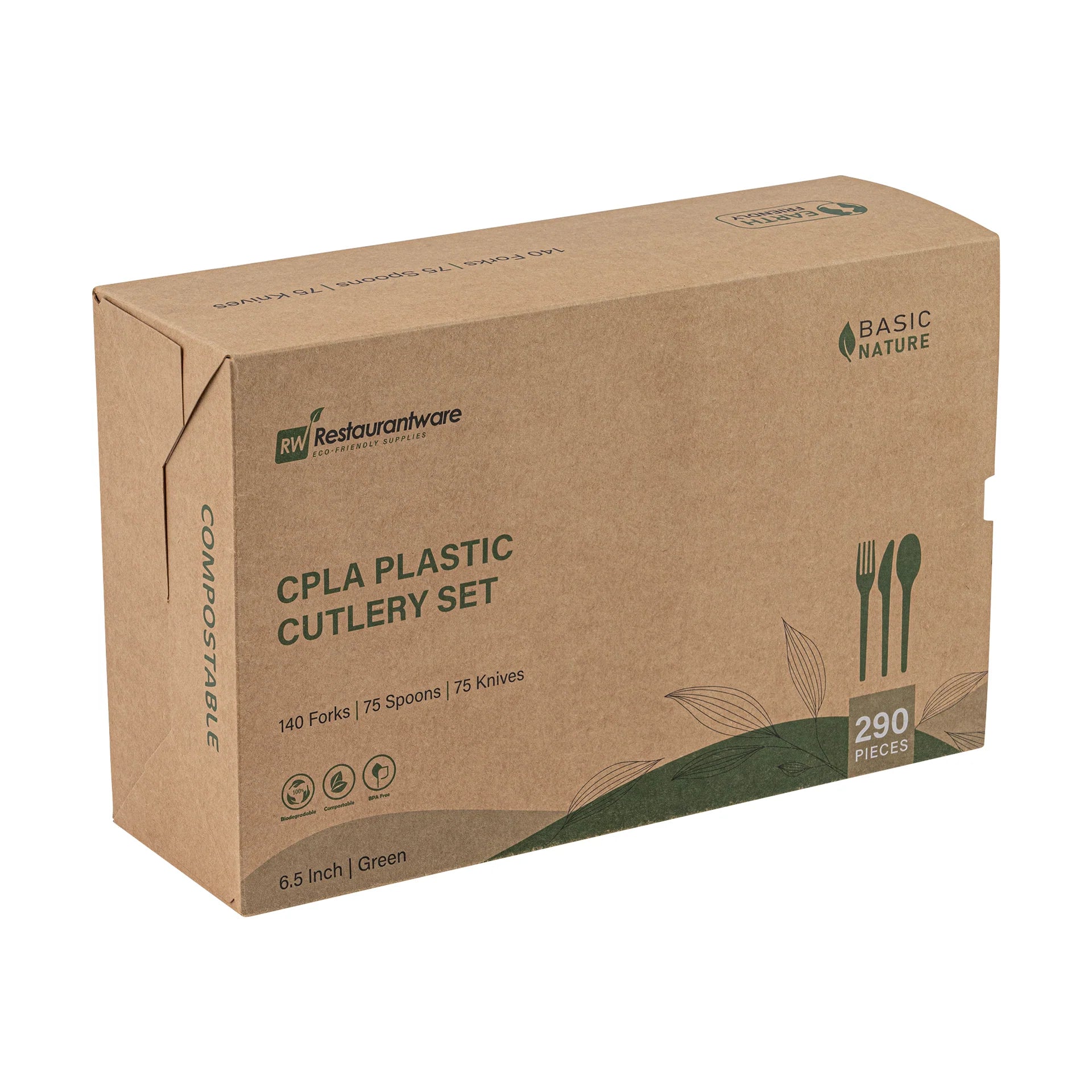 Green Compostable CPLA Cutlery Set – 6.5 in Utensils – 290 Sets per Box