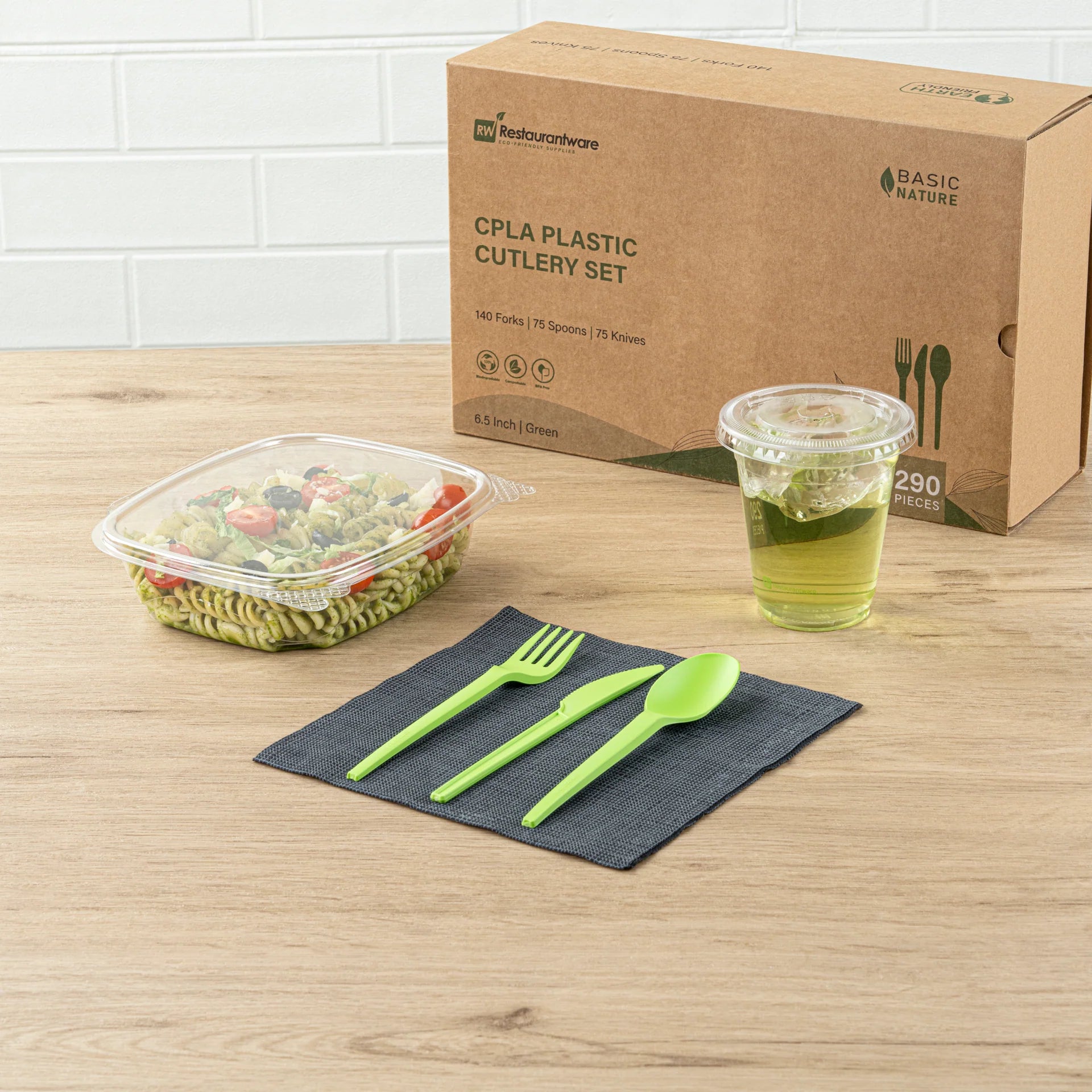 Green Compostable CPLA Cutlery Set – 6.5 in Utensils – 290 Sets per Box