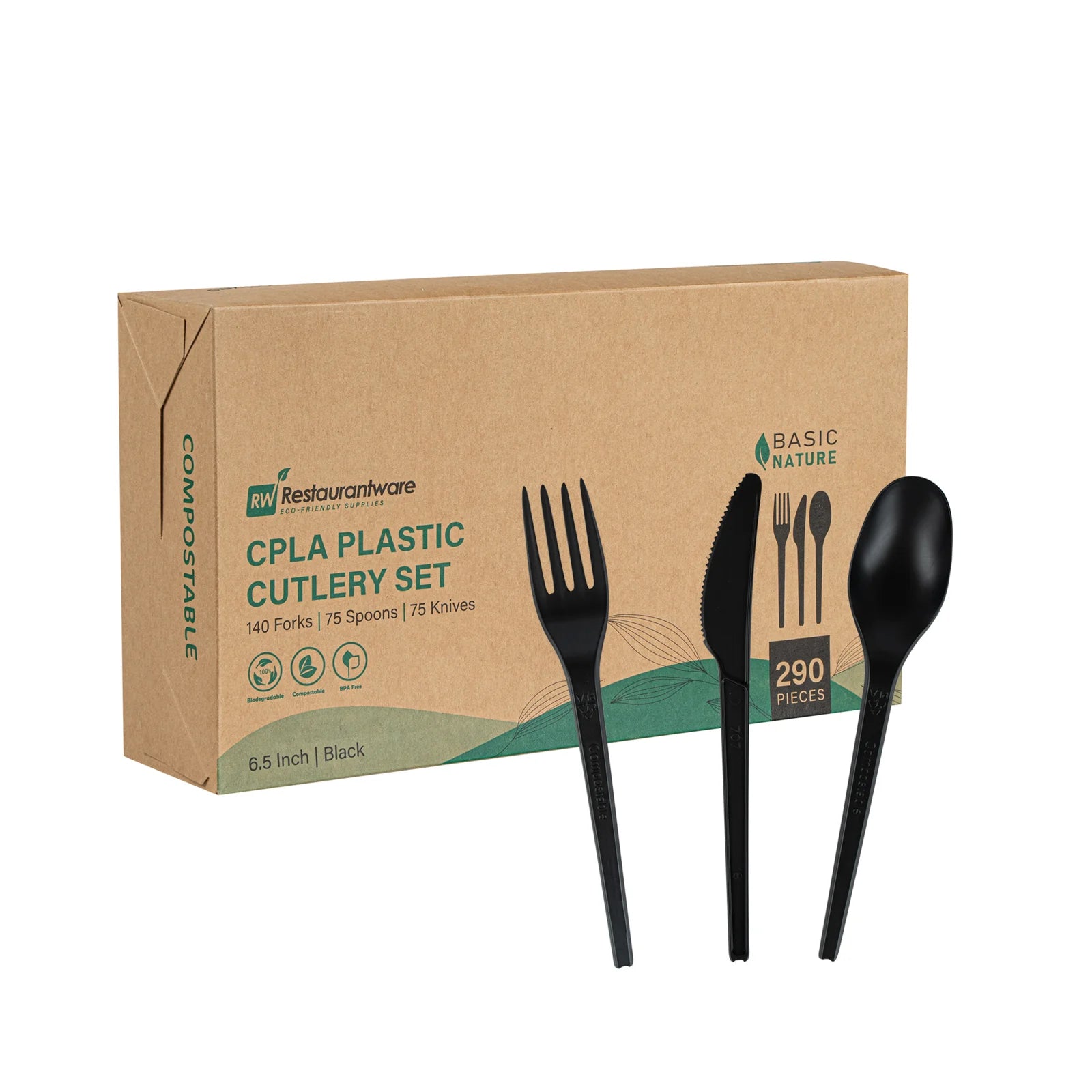 Black Compostable CPLA Cutlery Set – 6.5 in, 290 Pieces per Box