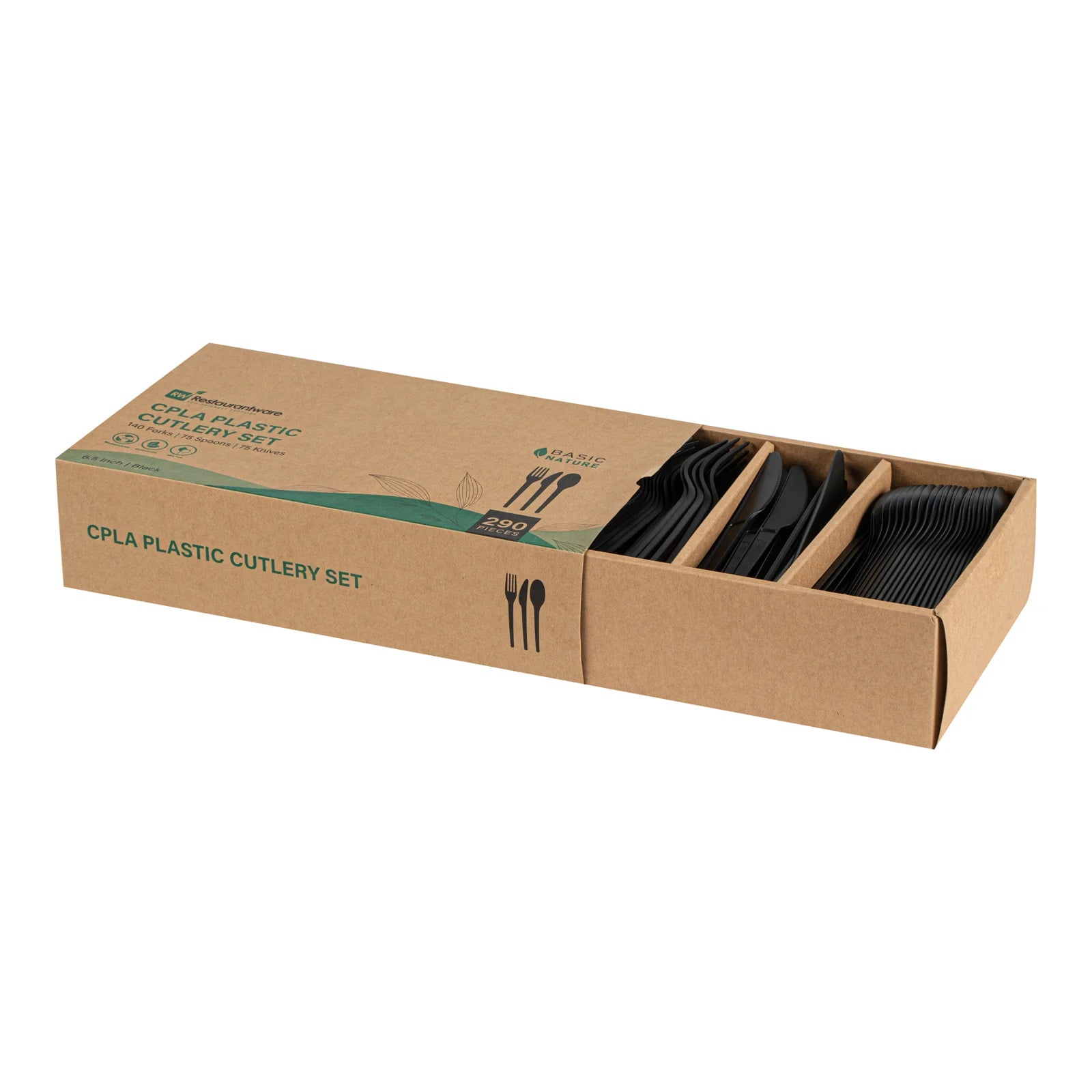 Black Compostable CPLA Cutlery Set – 6.5 in, 290 Pieces per Box