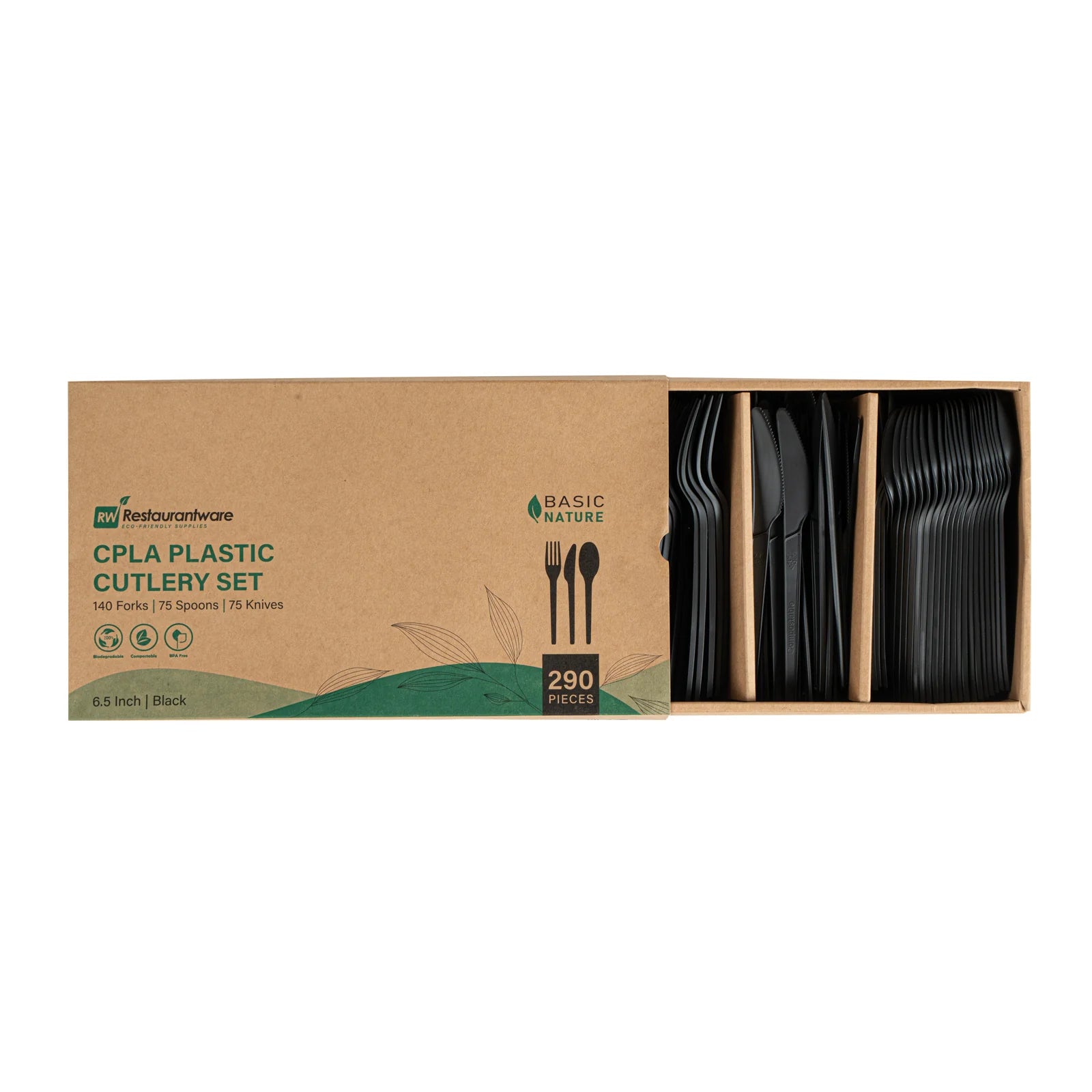 Black Compostable CPLA Cutlery Set – 6.5 in, 290 Pieces per Box
