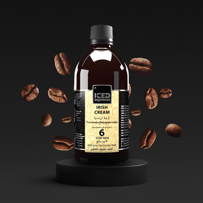 Bottle of ICED espresso Irish Cream with coffee beans on a dark background
