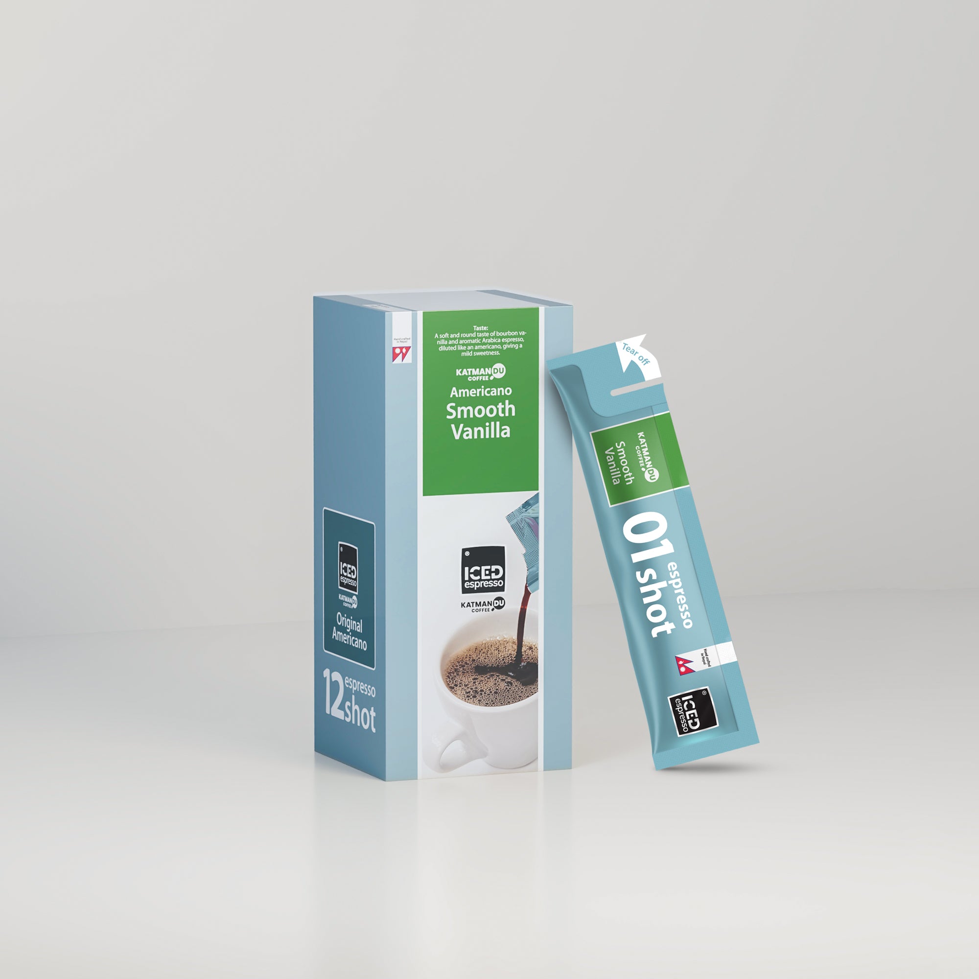 Smooth Vanilla 40 ml iced espresso sachet, ready-to-use premium coffee